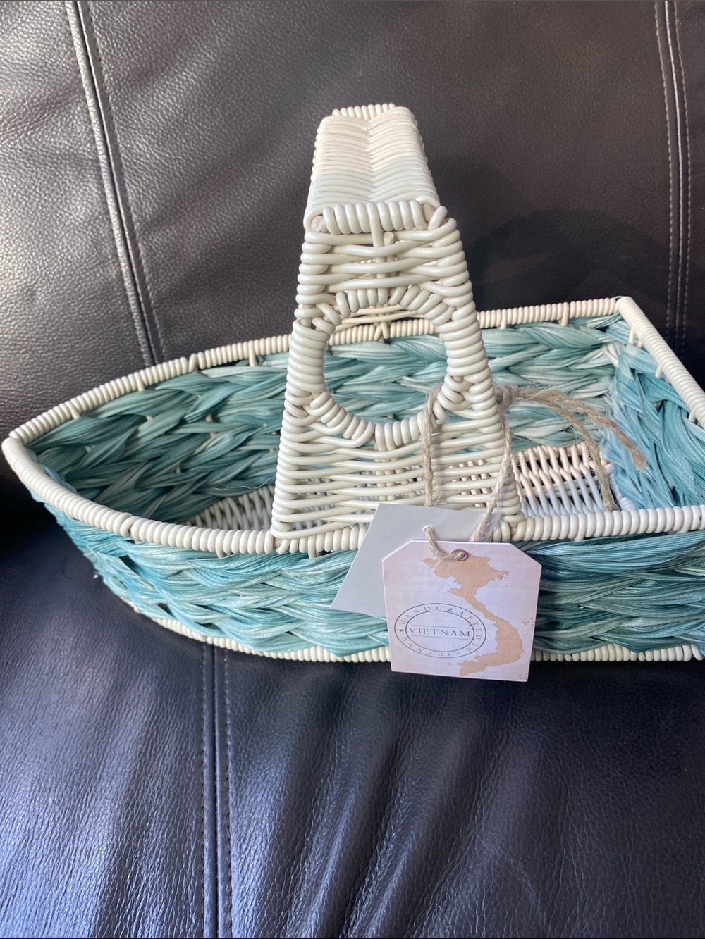 Boat  White and Blue  Woven Handled Organizer Basket NWT